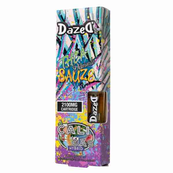 A box with a bottle of DazedA THC-A Diamonds Sauze Vape Cartridges cali gas strain flavor