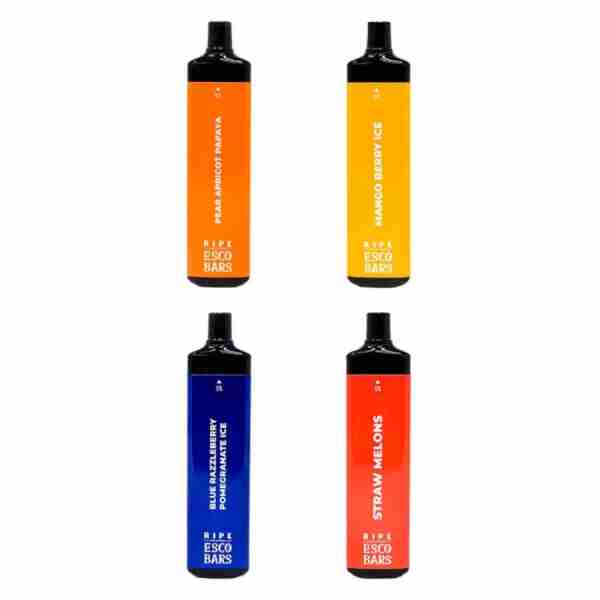 Four bottles of different colored Esco Bars and Ripe Collection 5000 Disposable Vape liquids on a white background.