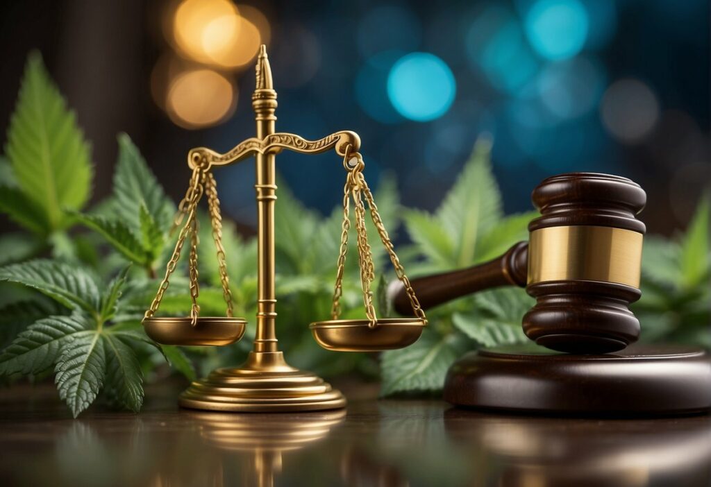 A judge's gavel rests on a table, accompanied by marijuana leaves showing Legality of THCA in California