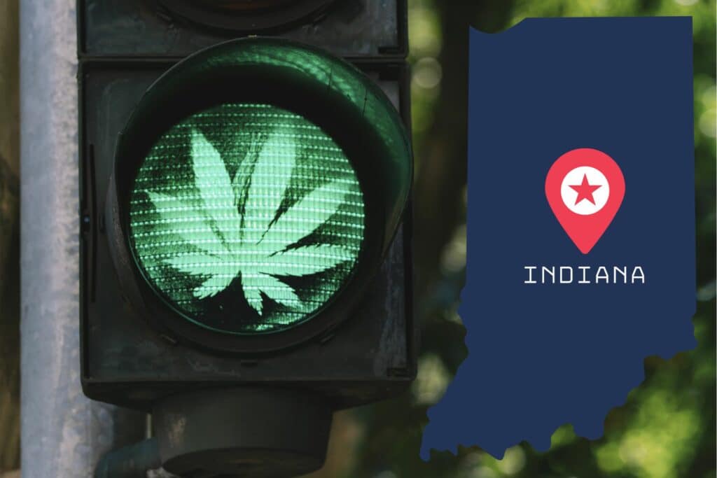 A traffic light with a green marijuana leaf and a map of Indiana, indicating the legality of THCA in the state.
