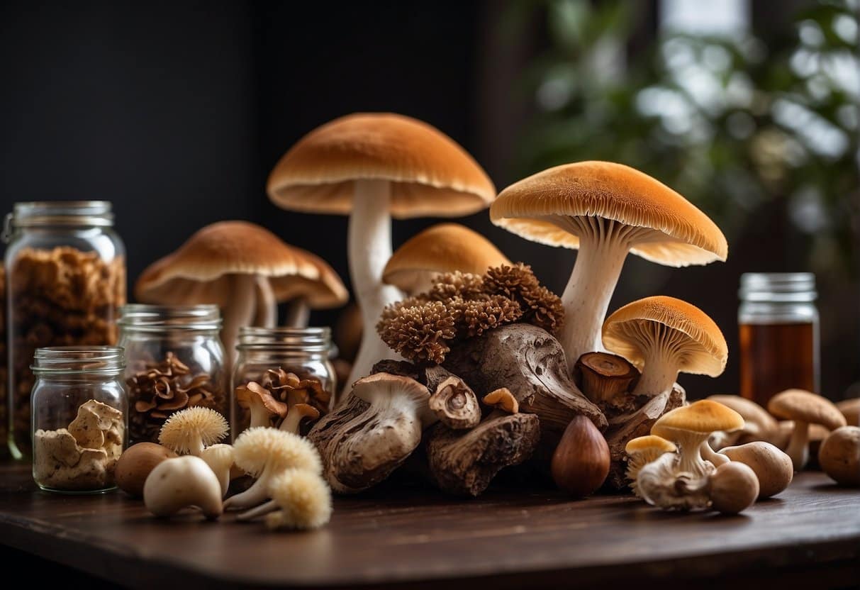 Many types of mushrooms on a table