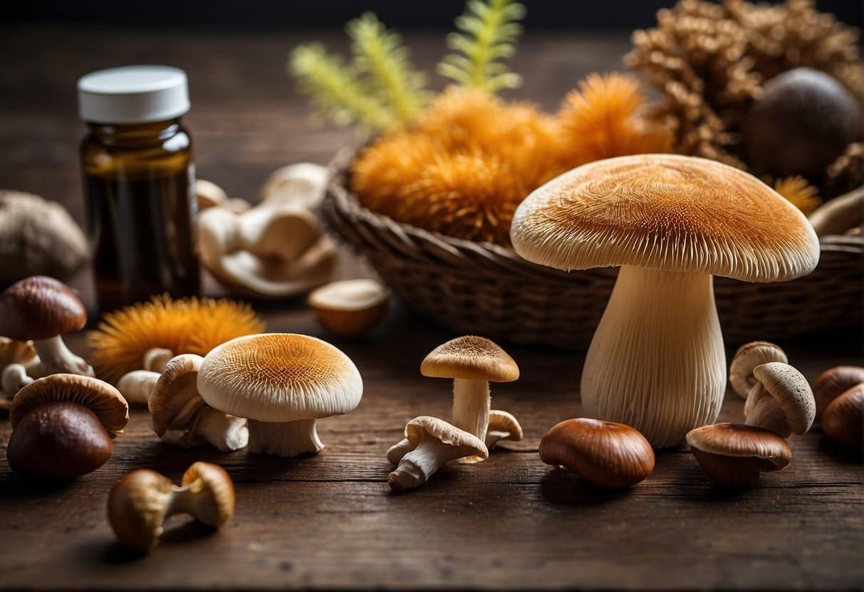Mushroom Supplements on a Wooden Table