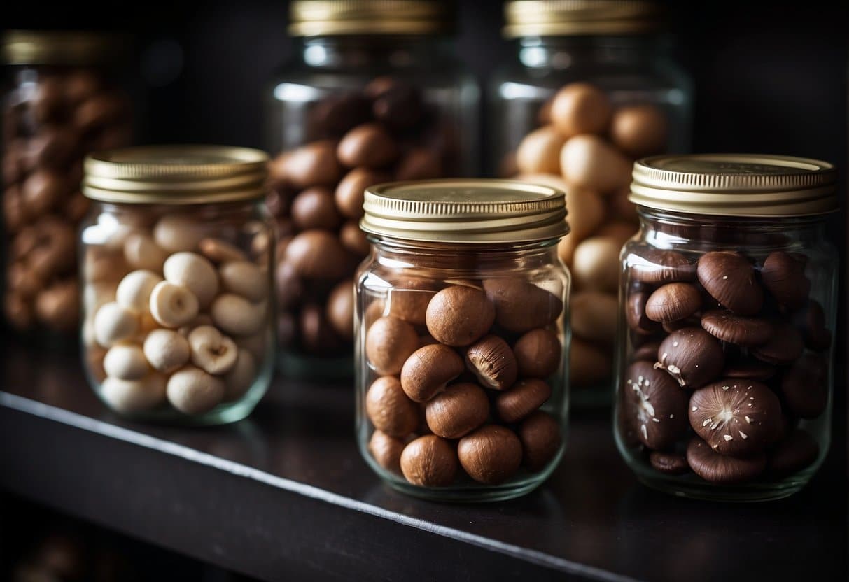 Mushrooms stored in glass jars