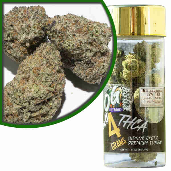 A jar of Dazed8 THCA Premium Indoor Flowers OG Kush 4g marijuana with a gold label next to it.