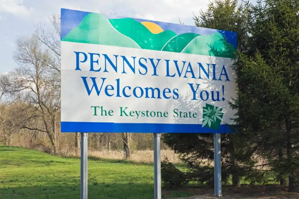 Pennsylvania welcomes you sign and marijuana leaf on it