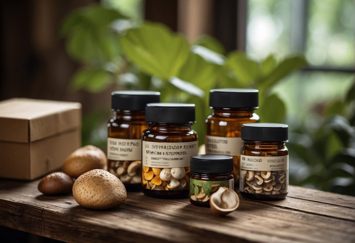 Popular Mushroom Supplements On a Wooden Table