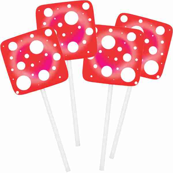Silly Strawberry lollipops with red and white polka dots.