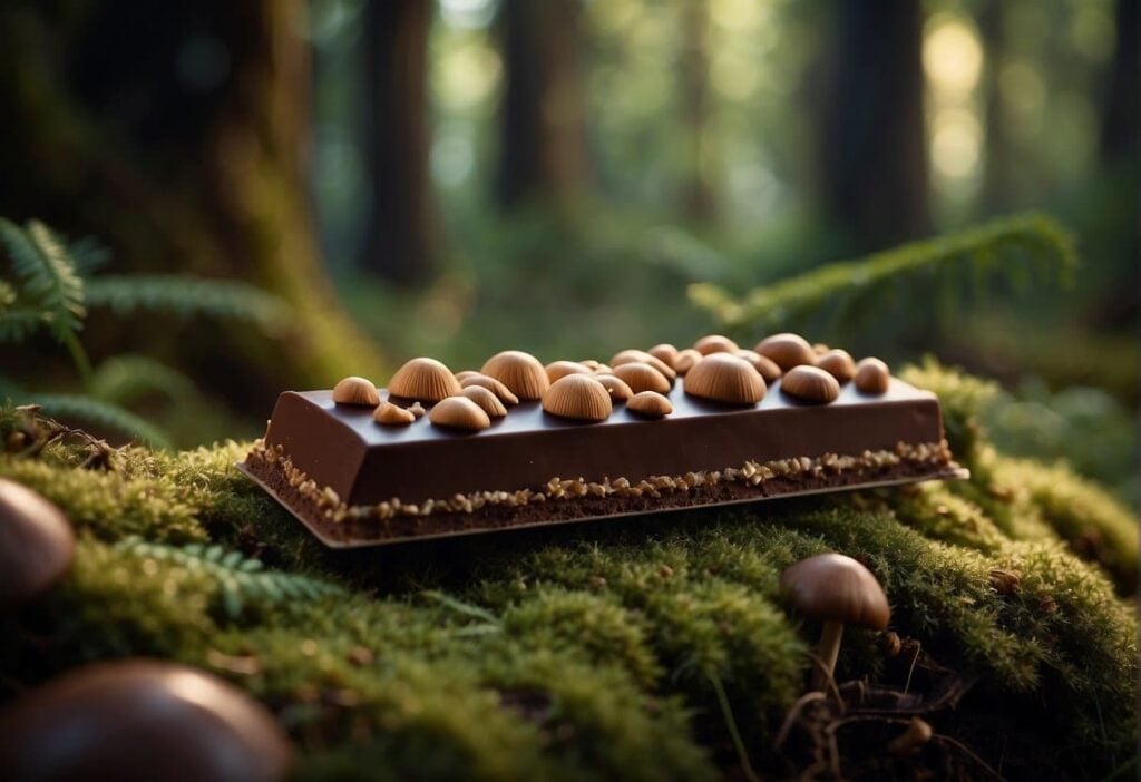 Small mushrooms kept on a chocolate bar depicting taste of chocolate in them.