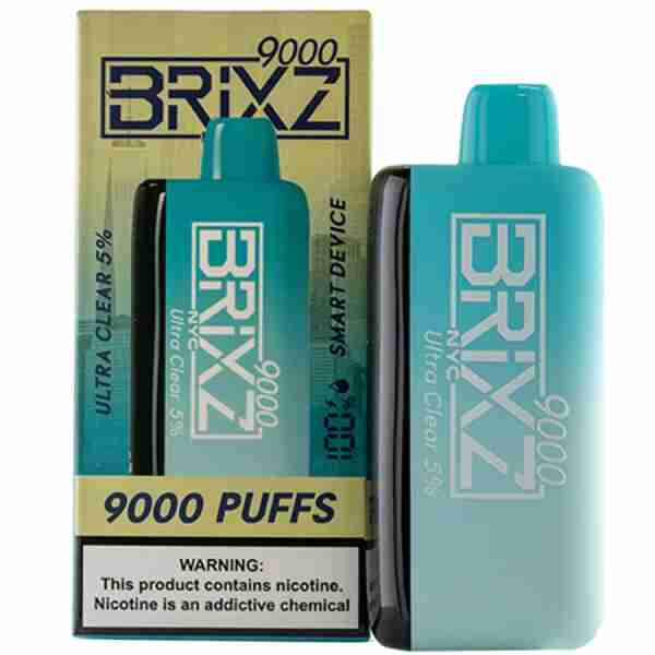 A box of Brixz Bar 9000 Puff Disposable Vape e liquid with a box of puffs for a long-lasting vaping experience.