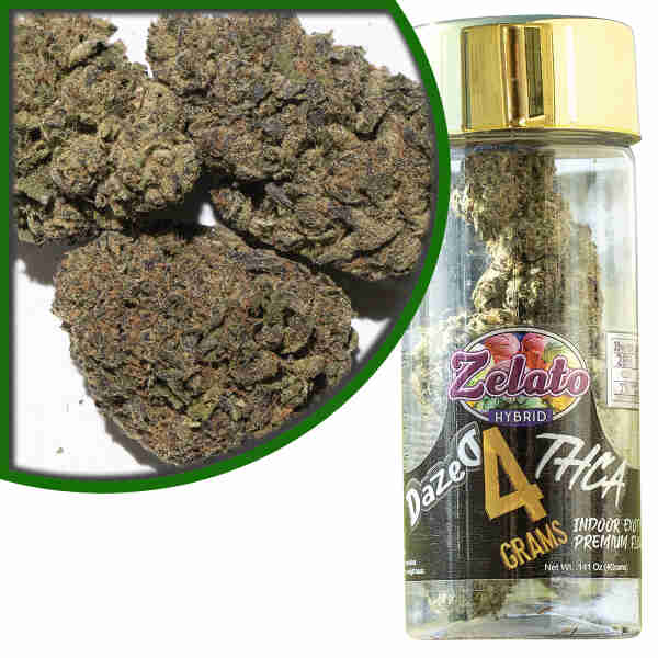A close up of a bottle containing Dazed8 THC-A Premium Indoor Flowers Zelato 4g.