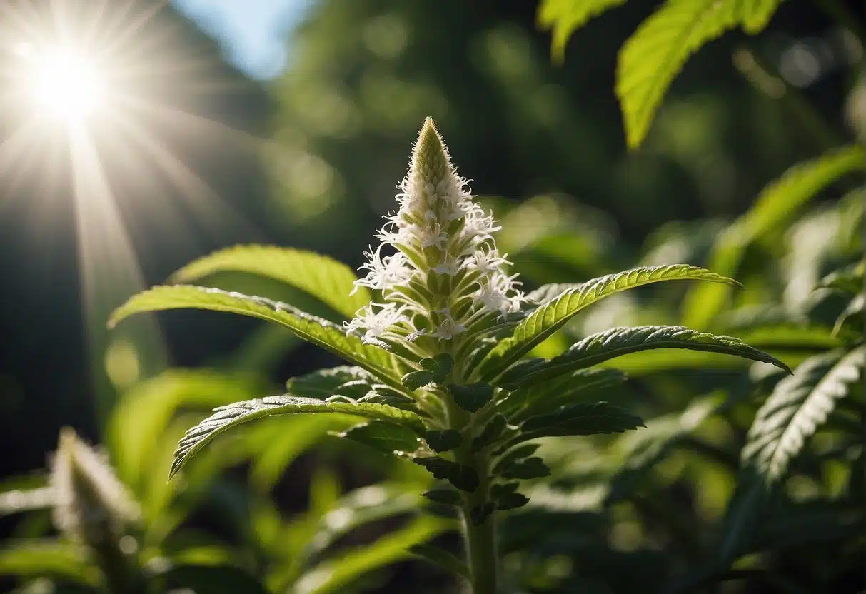 A close up of a cbd plant with the sun shining on it, showcasing its vibrant and healthy growth.