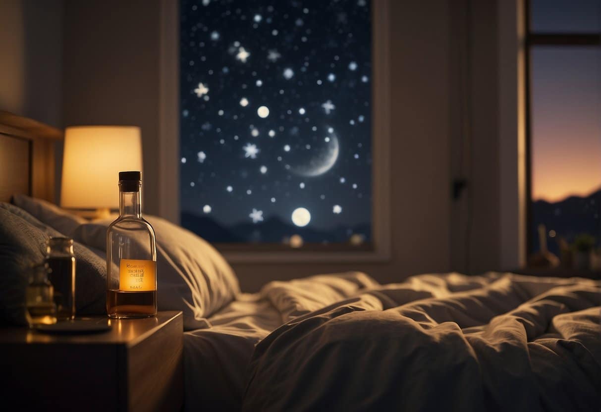 A sleep-inducing bed under a starry sky, accompanied by a bottle of wine.