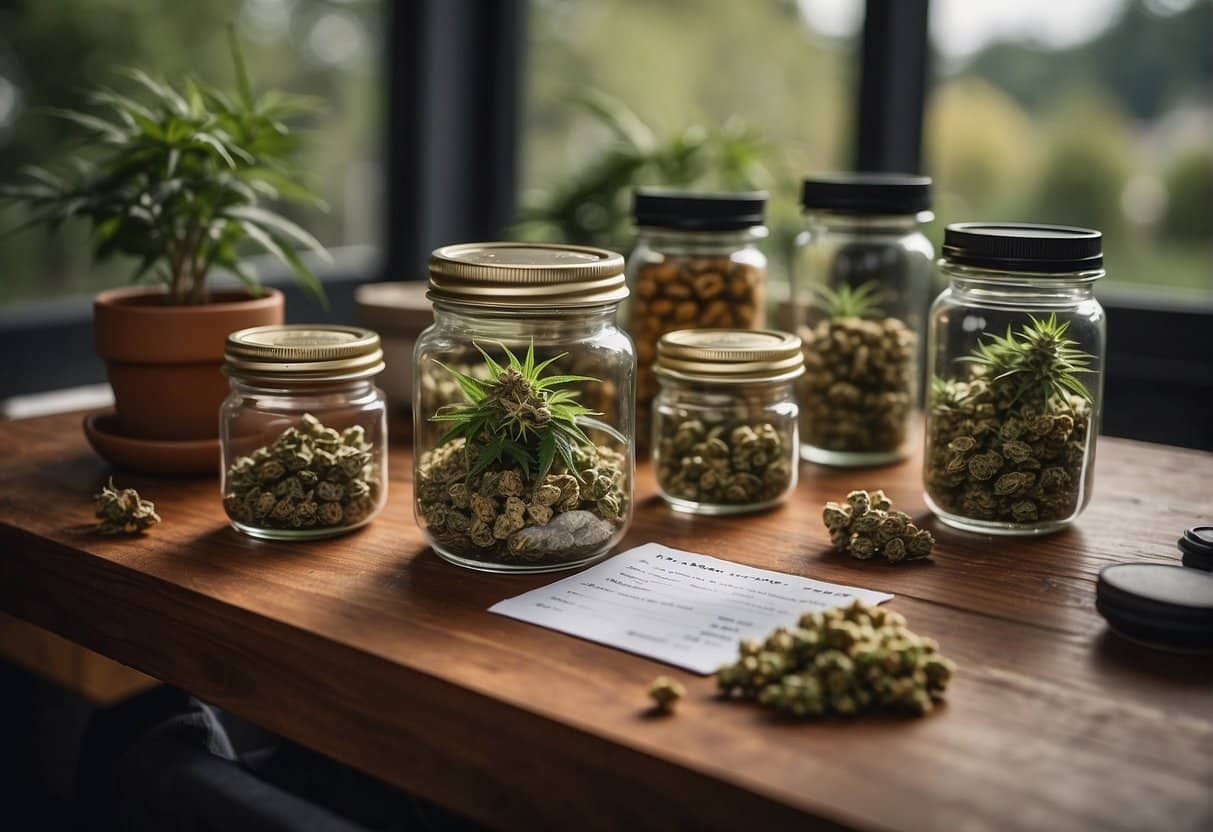 Cannabis plants in jars on a wooden table for anxiety