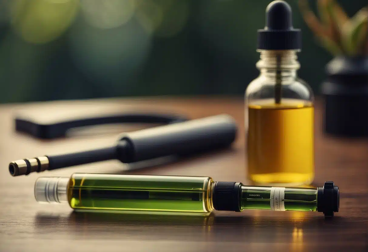 Two bottles of cbd oil, including delta 8 vape juice, on a wooden table.