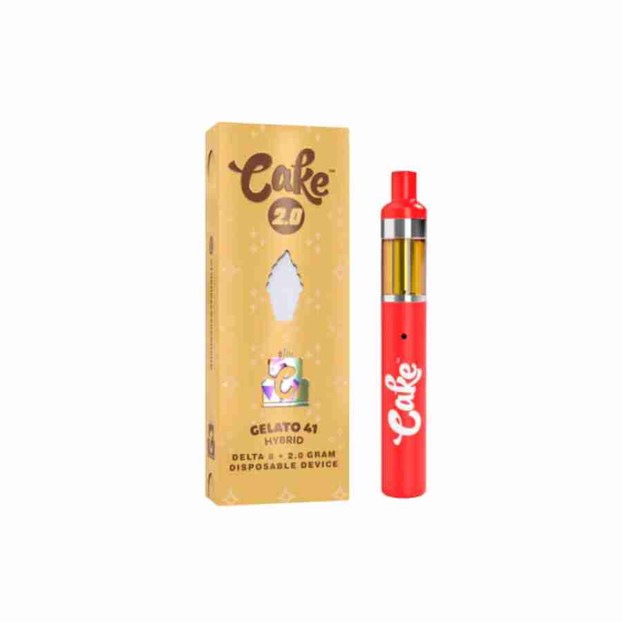 The Cake Delta 8 Disposable Vape Pen Gelato 41 2g e-cigarette is next to a box.
