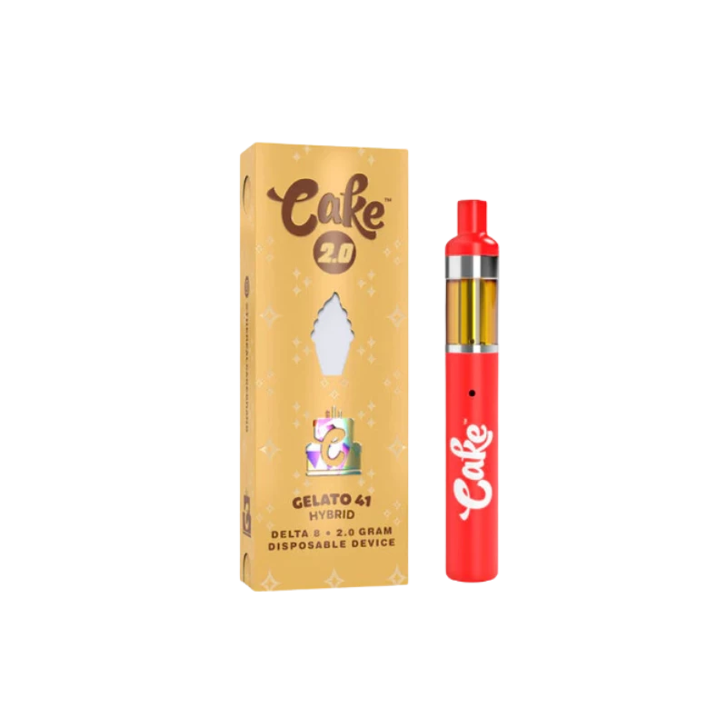 The Cake Delta 8 Disposable Vape Pen Gelato 41 2g e-cigarette is next to a box.