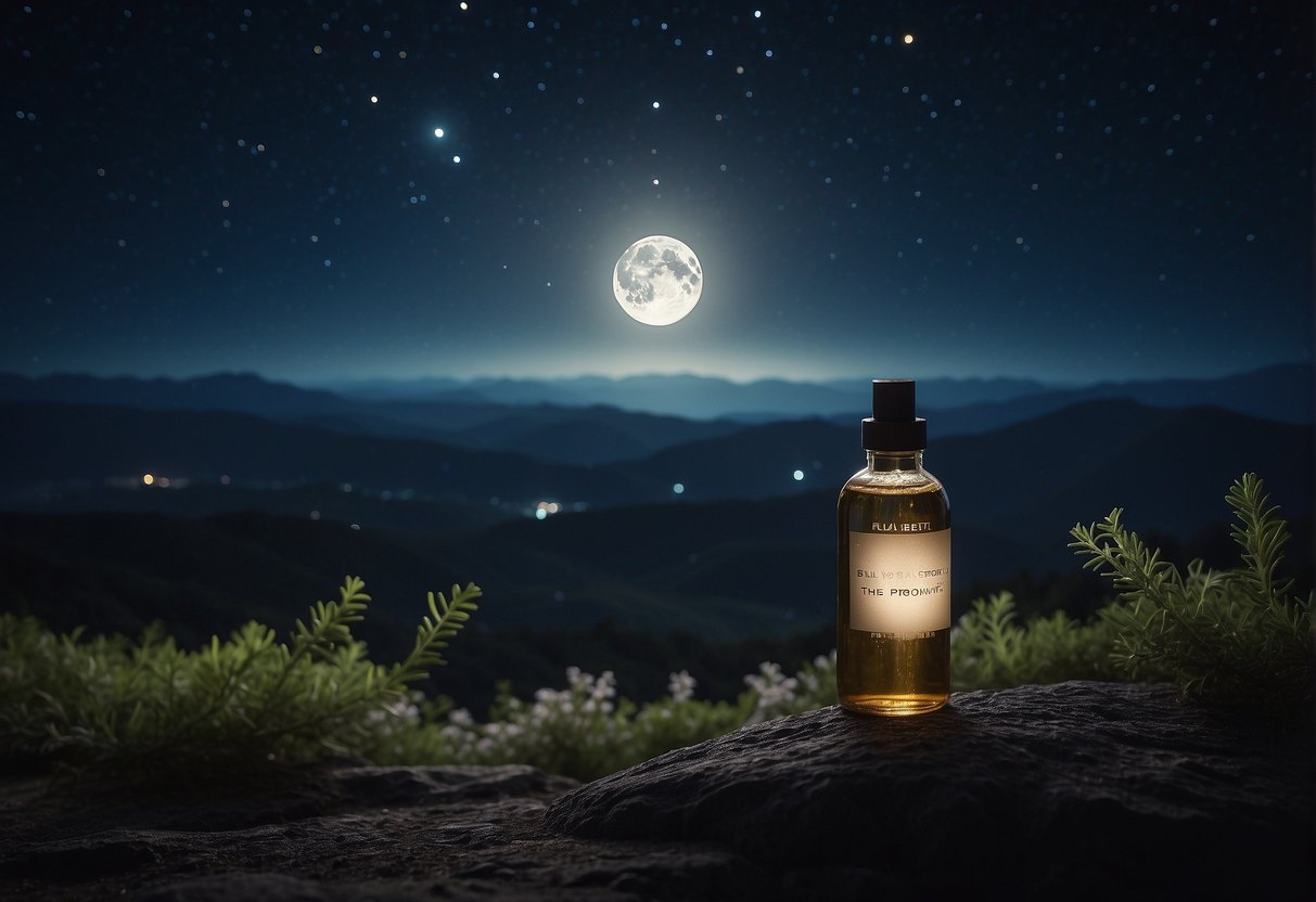 A bottle of essential oil infused with THCA, sitting on top of a rock, with the moon in the background. This sleep-inducing potion offers relaxation and tranquility.