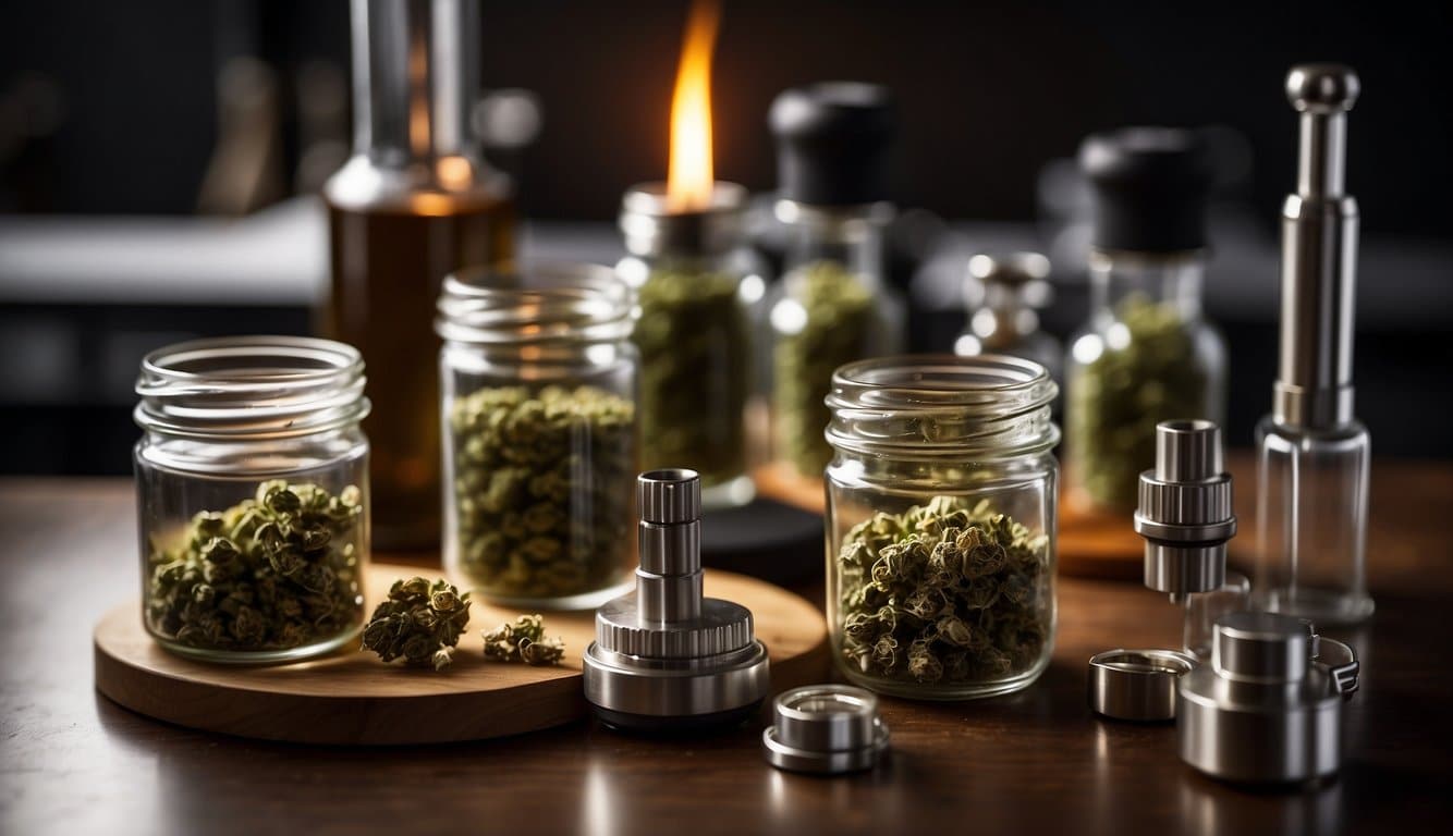Marijuana in glass jars on a wooden table, shown in draft.