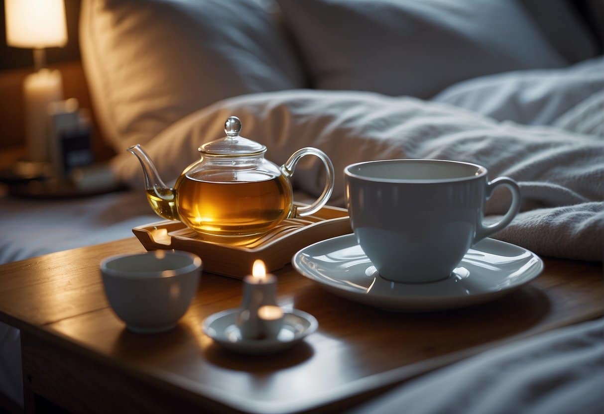 A tranquil scene of a cup of tea and a candle illuminating a cozy bed, creating the perfect ambiance for relaxation and sleep using thca