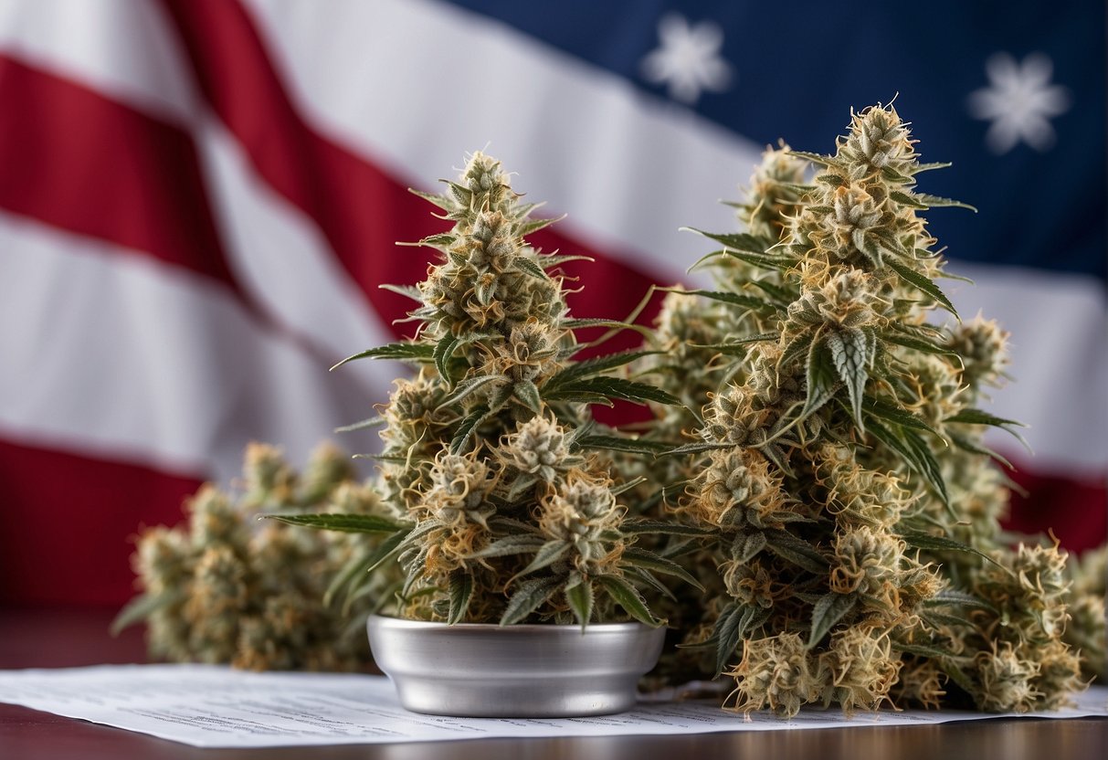  Description: Marijuana plants in front of an American flag. (Keywords: Marijuana plants, American flag)