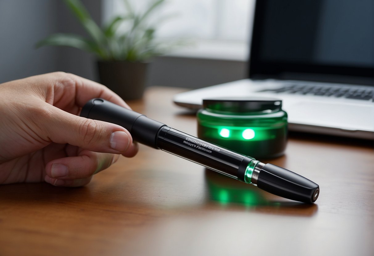 A person is holding a green pen on a desk while lamenting that it is not working properly.
