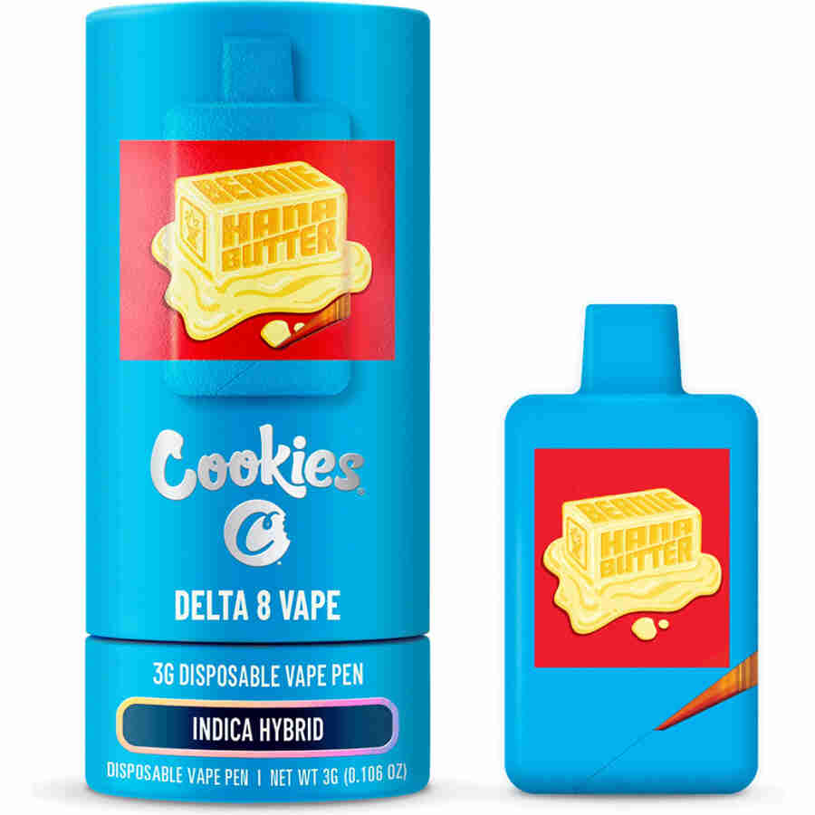 A bottle of cookies and cream e-liquid next to a blue bottle, featuring the flavors of Bernie Hanna Butter.