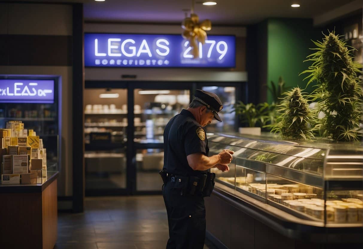 A police officer is standing in front of a display case of marijuana at a dispensary.