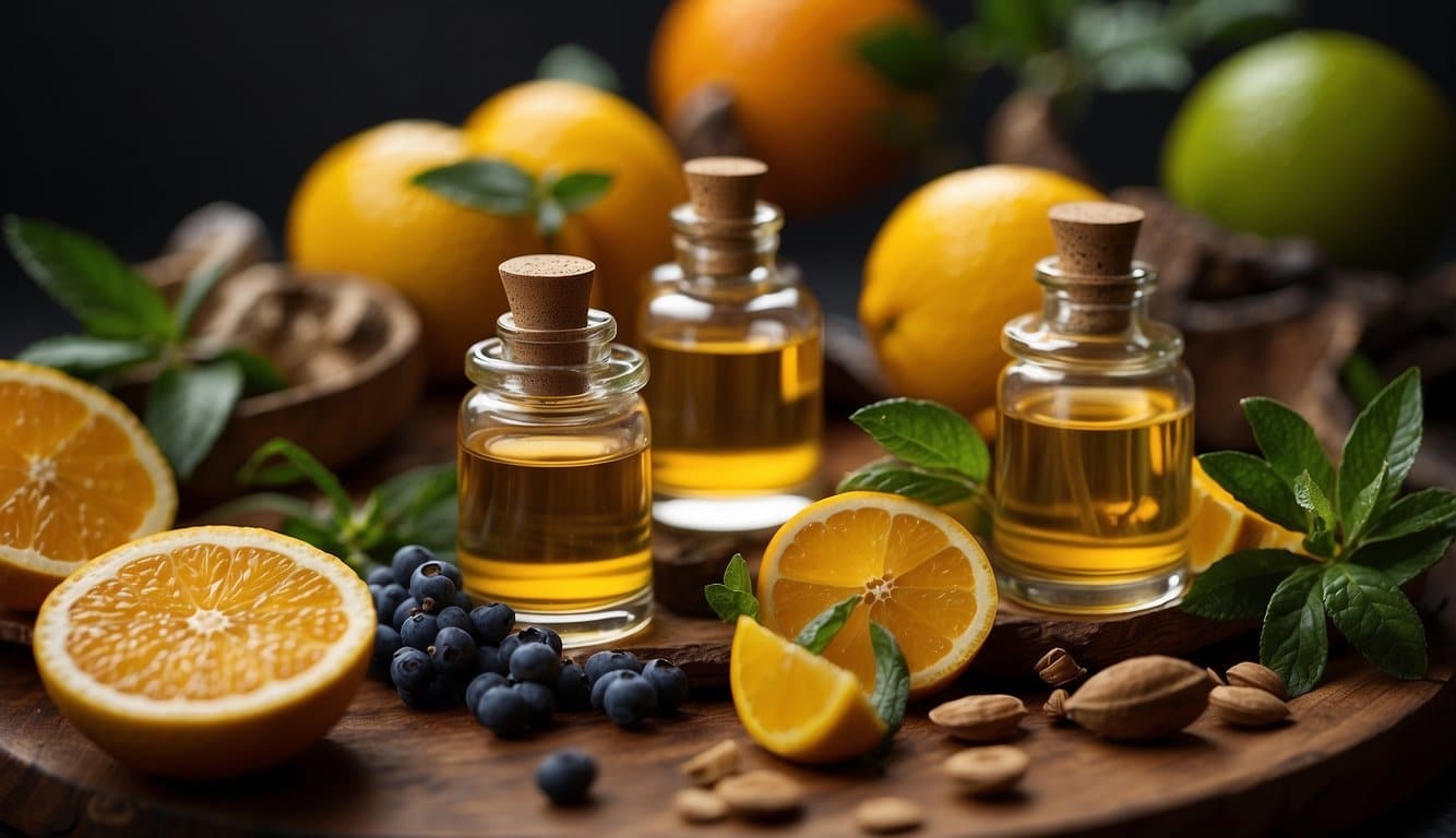Fragrant delta-8 essential oils blending oranges and nuts showcased on a rustic wooden board.