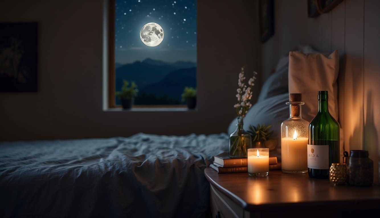 A night table adorned with soothing candles and delicate flowers to help promote restful sleep.