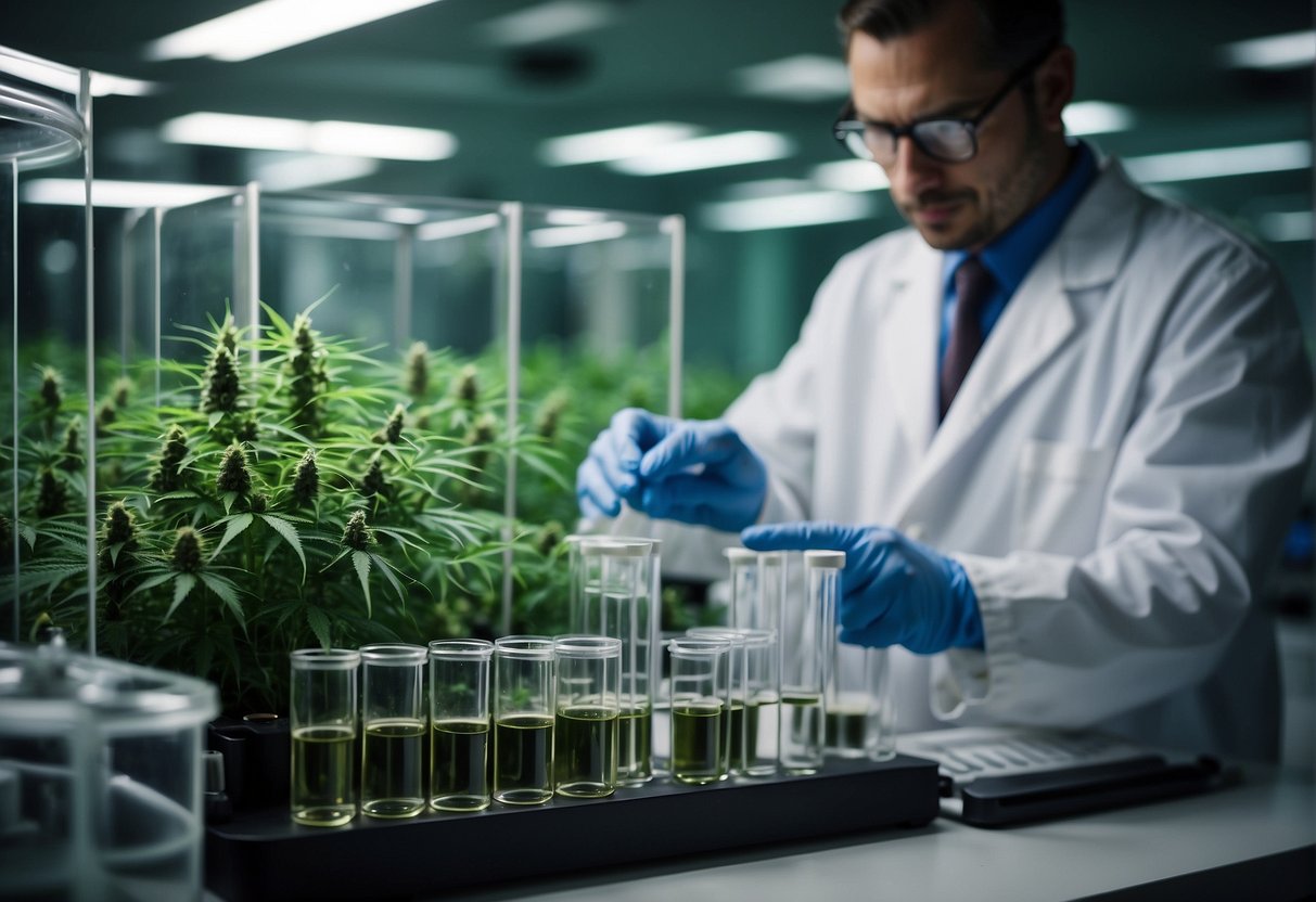 A scientist is conducting research in a lab with cannabis plants to investigate the effects of delta 8 on drug tests.