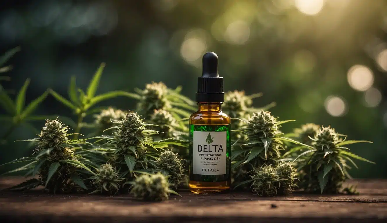 A bottle of CBD oil surrounded by CBD plants emitting a relaxing aroma.