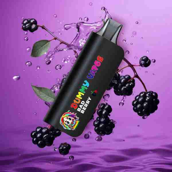 A Dummy Vapes 8000 Puffs 5% Nic Disposable Vape with blackberries-infused water on top, perfect for 8000 puffs.