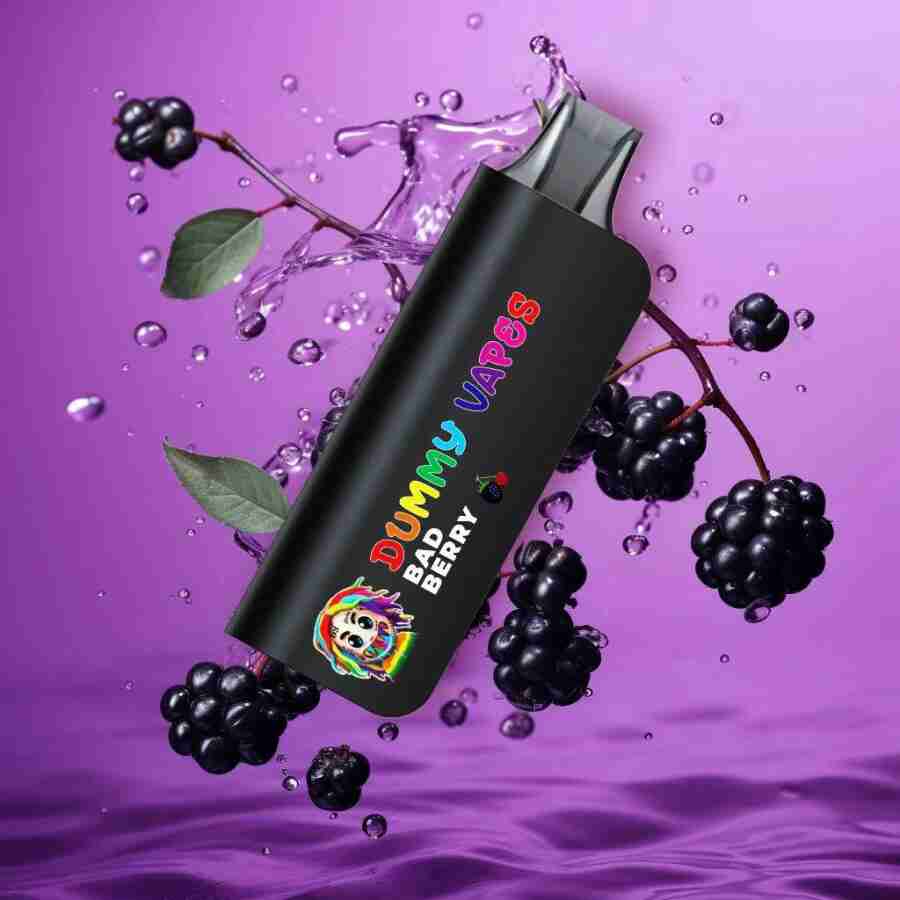 A Dummy Vapes 8000 Puffs 5% Nic Disposable Vape with blackberries-infused water on top, perfect for 8000 puffs.