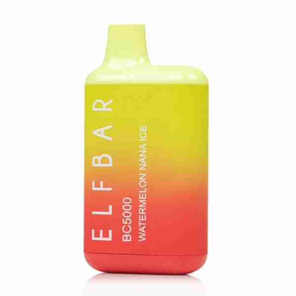 An Elf Bar BC5000 disposable vape in the flavor of ec berry sabayon, with a vibrant yellow and orange color.
