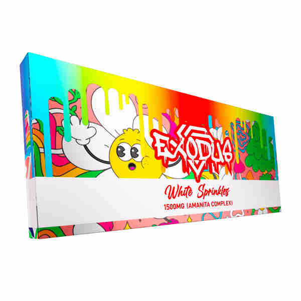 A box of Exodus Amanita Chocolate Bars 1500mg with a cartoon character on it, featuring the Amanita cartoon character.