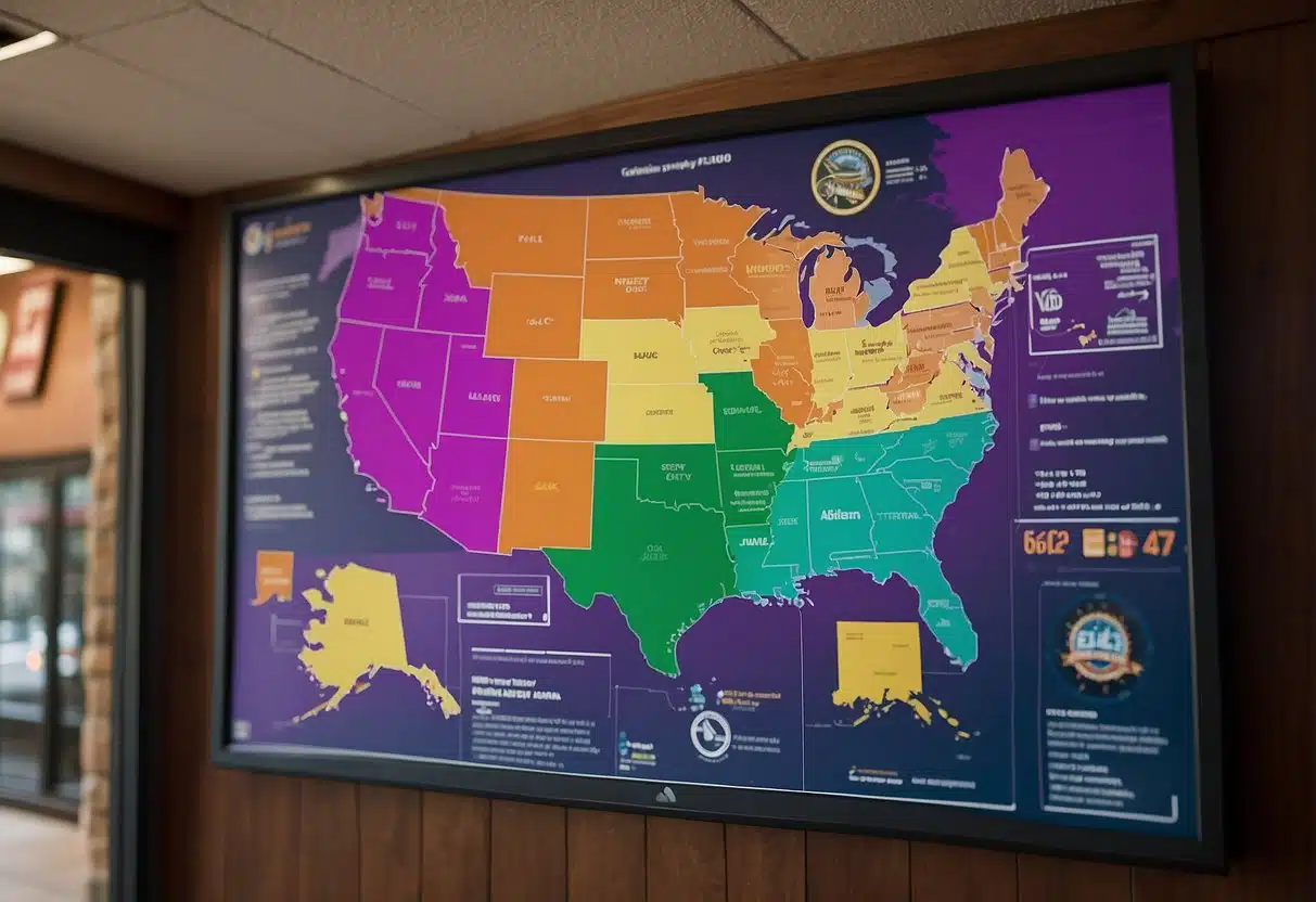 A map of the United States hangs on a wall in a restaurant.