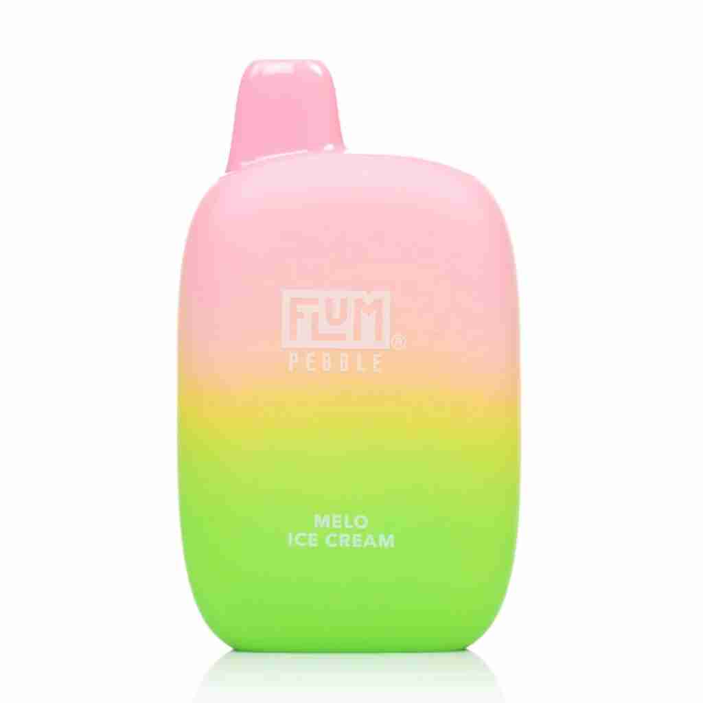 A pink and green Flum Pebble 6000 Puff Disposable Vape bottle of ice cream.