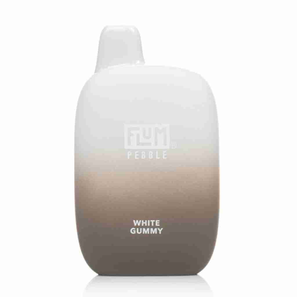 A white and brown Flum Pebble 6000 Puff Disposable Vape bottle with a label on it.