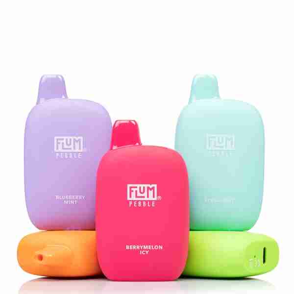 A group of colorful plastic bottles stacked on top of each other, resembling a vibrant Flum Pebble 6000 Puff Disposable Vape display.