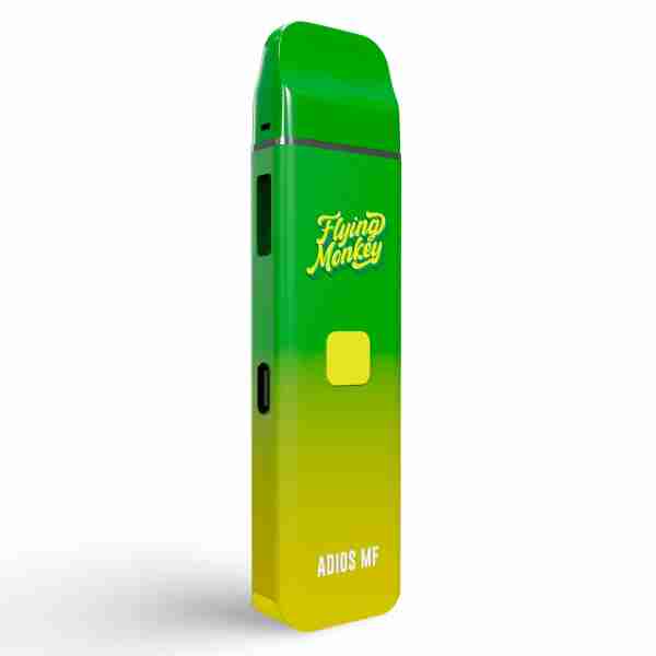 A green and yellow Flying Monkey THC-A Disposables 6g with a yellow and green design, suitable for THC-A disposables.