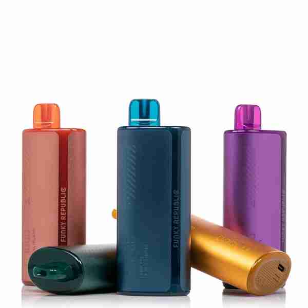 A group of colorful vape bottles, including the Funky Republic Ti7000 Disposable Vape and Ti7000, on a white background.