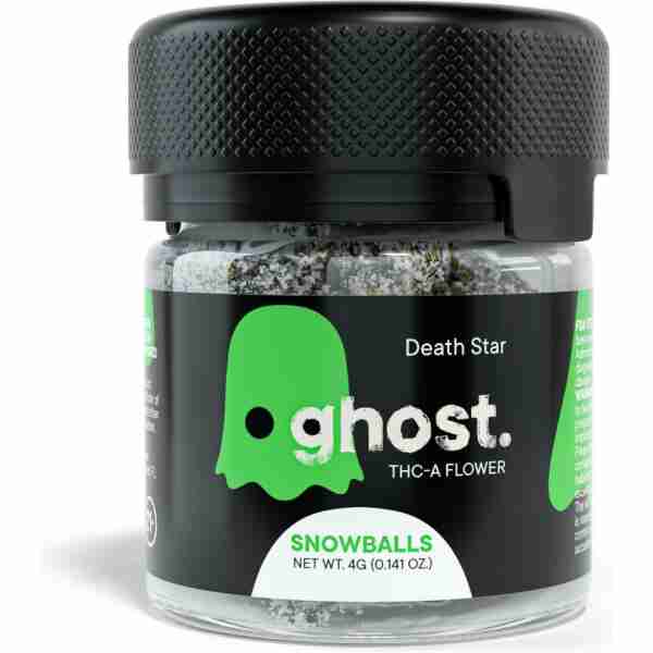 A jar of ghost snowballs on a Death Star background.