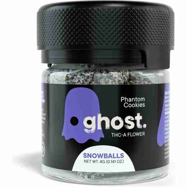 A jar of ghost snowballs on a white background, Phantom Cookies.