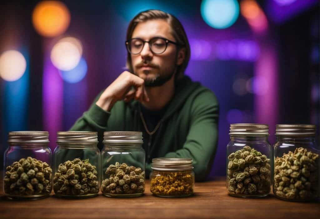 A man sitting at a table with marijuana jars in front of him, showcasing an assortment of Auto Draft strains.