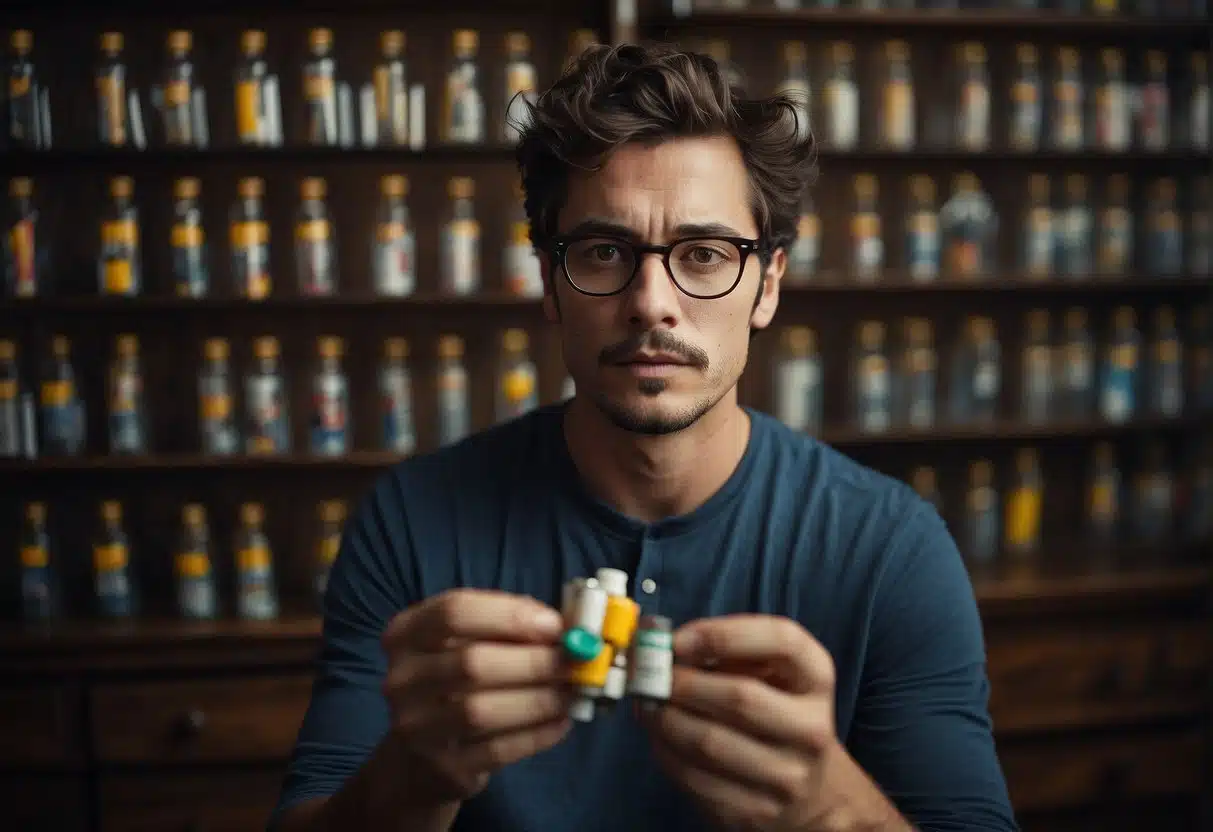 A man holding a bottle of Delta-8 pills in front of a shelf.
