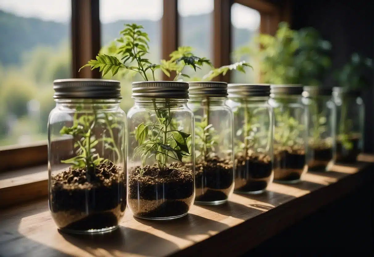 A group of jars with THCA flower plants in them on a window sill.