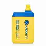 A yellow and blue Kado Bar BR5000 Disposable Vape bottle with a lid.