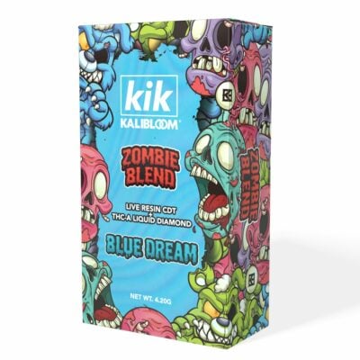 A box of Kalibloom Kik Zombie Blend Disposables, containing 4.2g of Blue Dream.