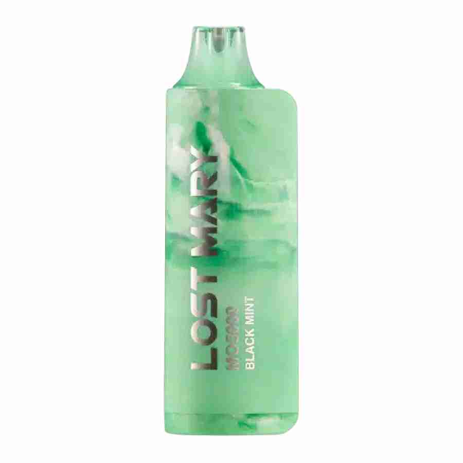 A green bottle of Lost Mary MO5000 Disposable Vape with 5% nicotine content.