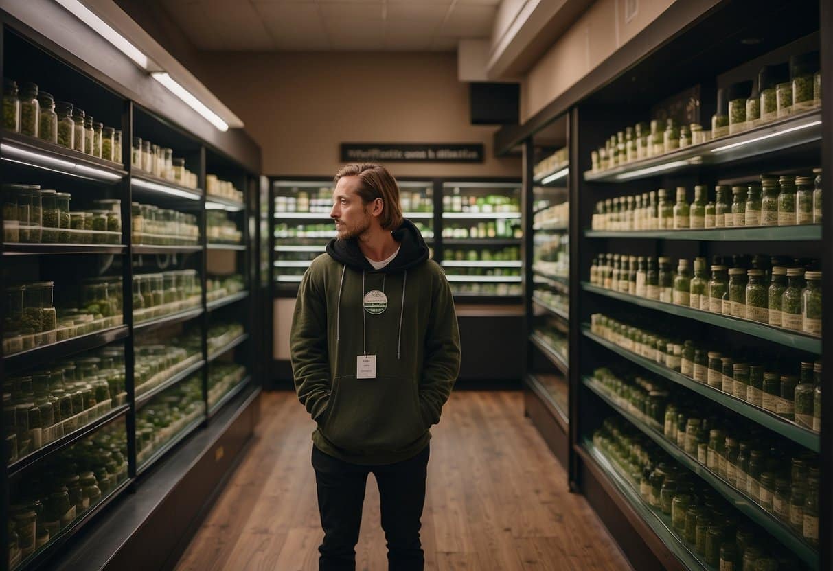 A man standing in a store with shelves full of marijuana, wondering if he can enter a dispensary at 18.
